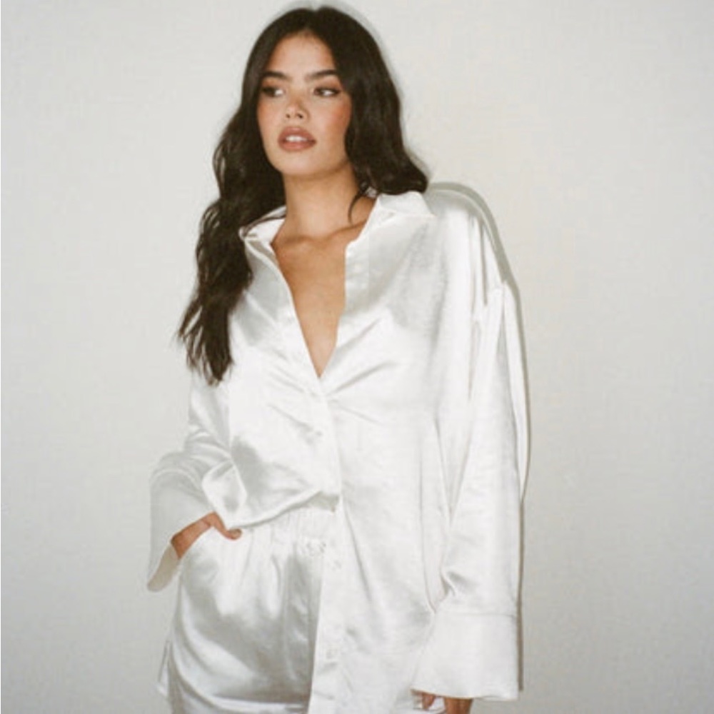 SLA the Label White Silk Button Up with Matching Shorts Set